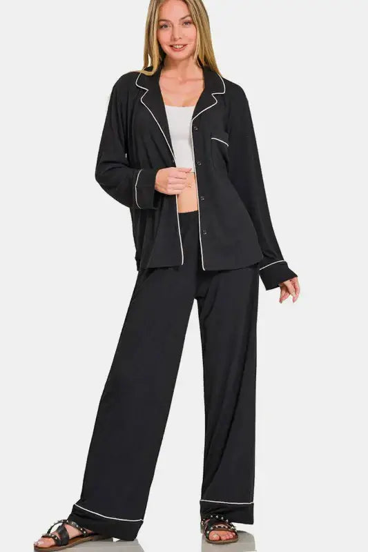 Zenana Button Down Long Sleeve Top and Pants Lounge Set