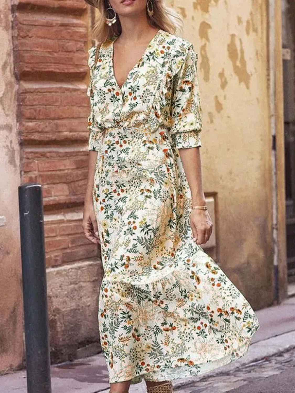 Floral Cutout Flounce Sleeve Dress - felvior
