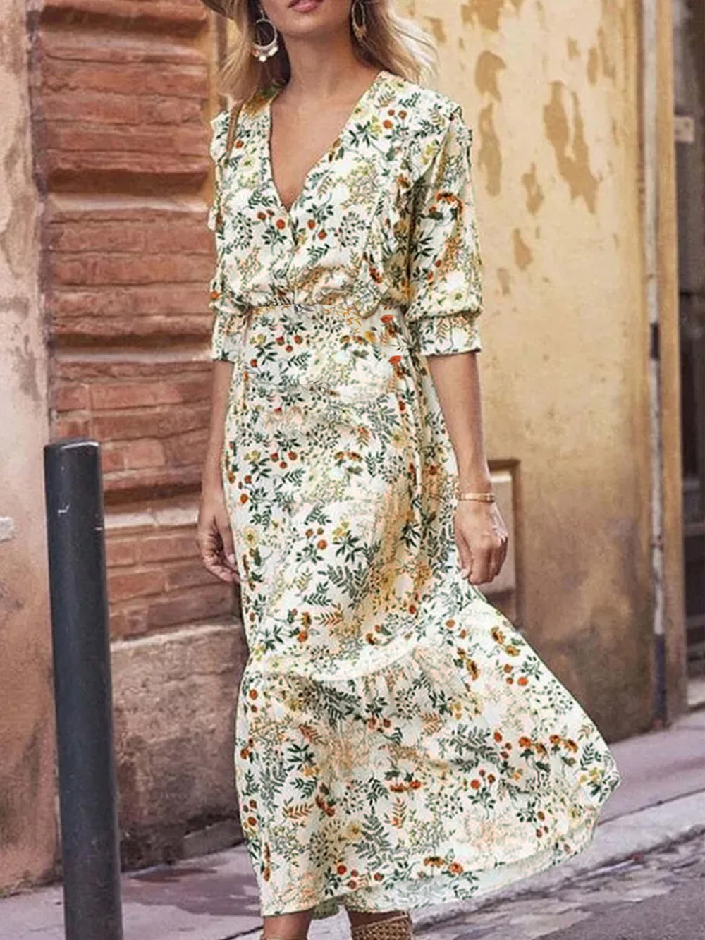 Floral Cutout Flounce Sleeve Dress - felvior