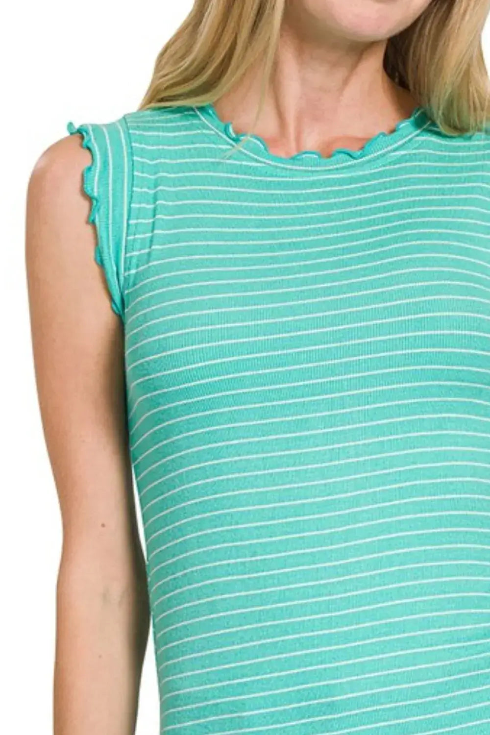 Zenana Ribbed Ruffle Trim Sleeveless Stripe Top