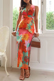 Split Crisscross Back Printed Plunge Maxi Dress - felvior