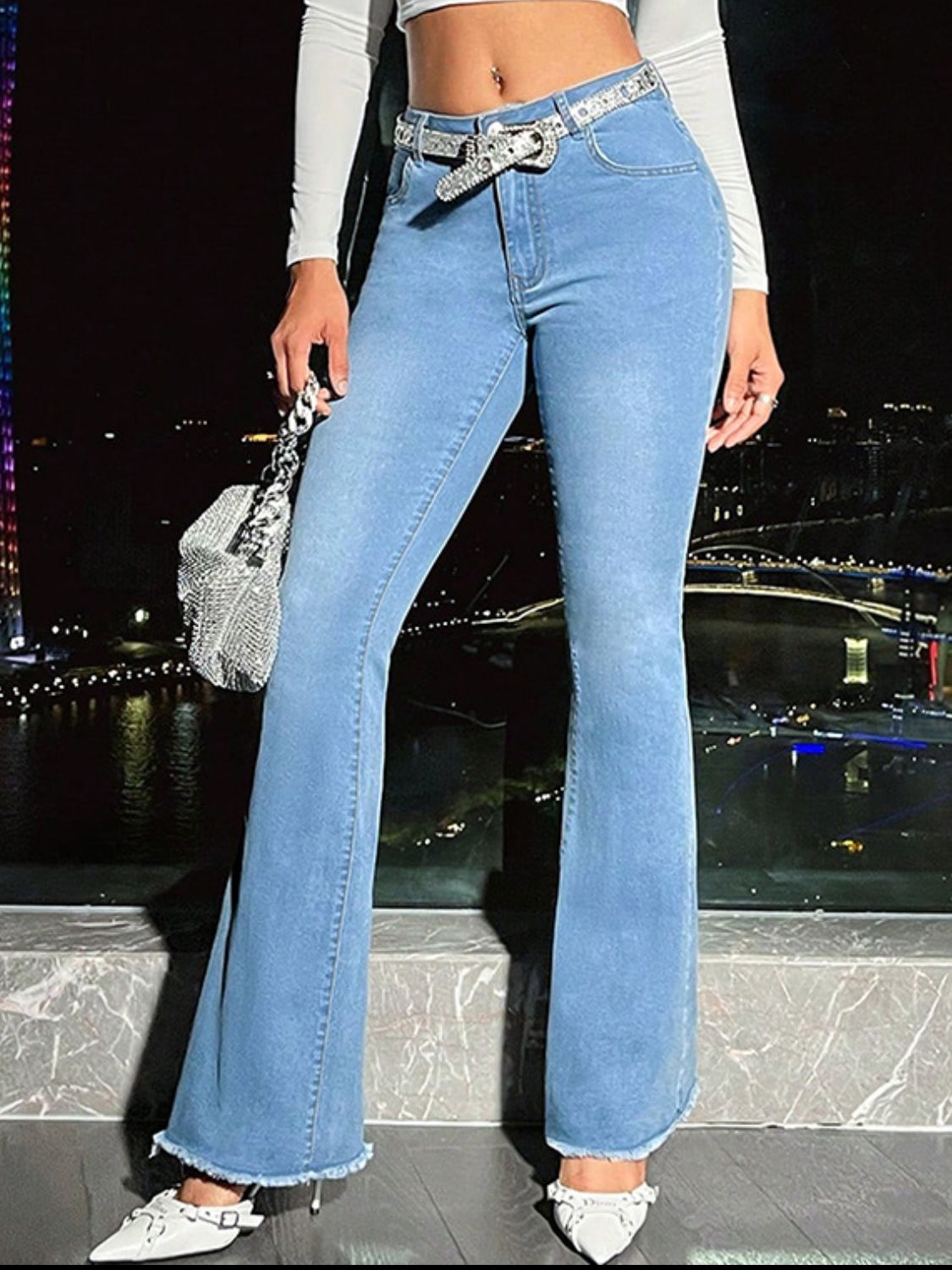 Raw Hem Bootcut Jeans with Pockets - felvior