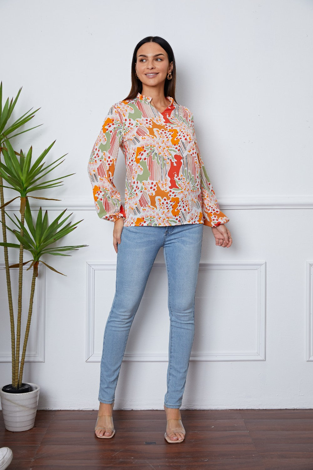 Floral Frill Notched Long Sleeve Blouse - felvior