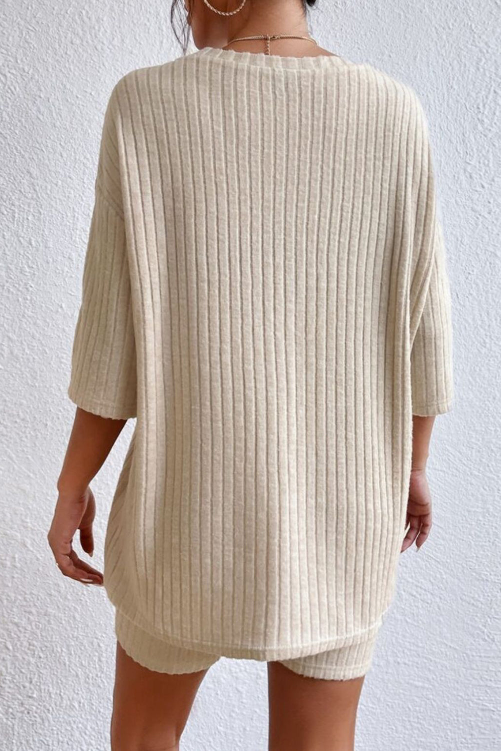 Round Neck Ribbed Top and Shorts Lounge Set - felvior