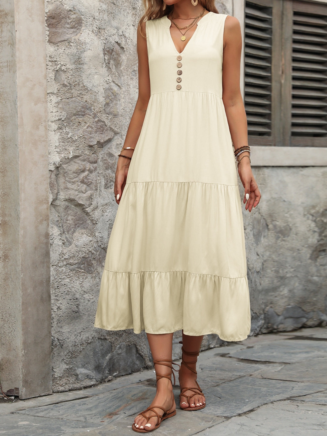 Ivy Lane Decorative Button Notched Sleeveless Dress - felvior