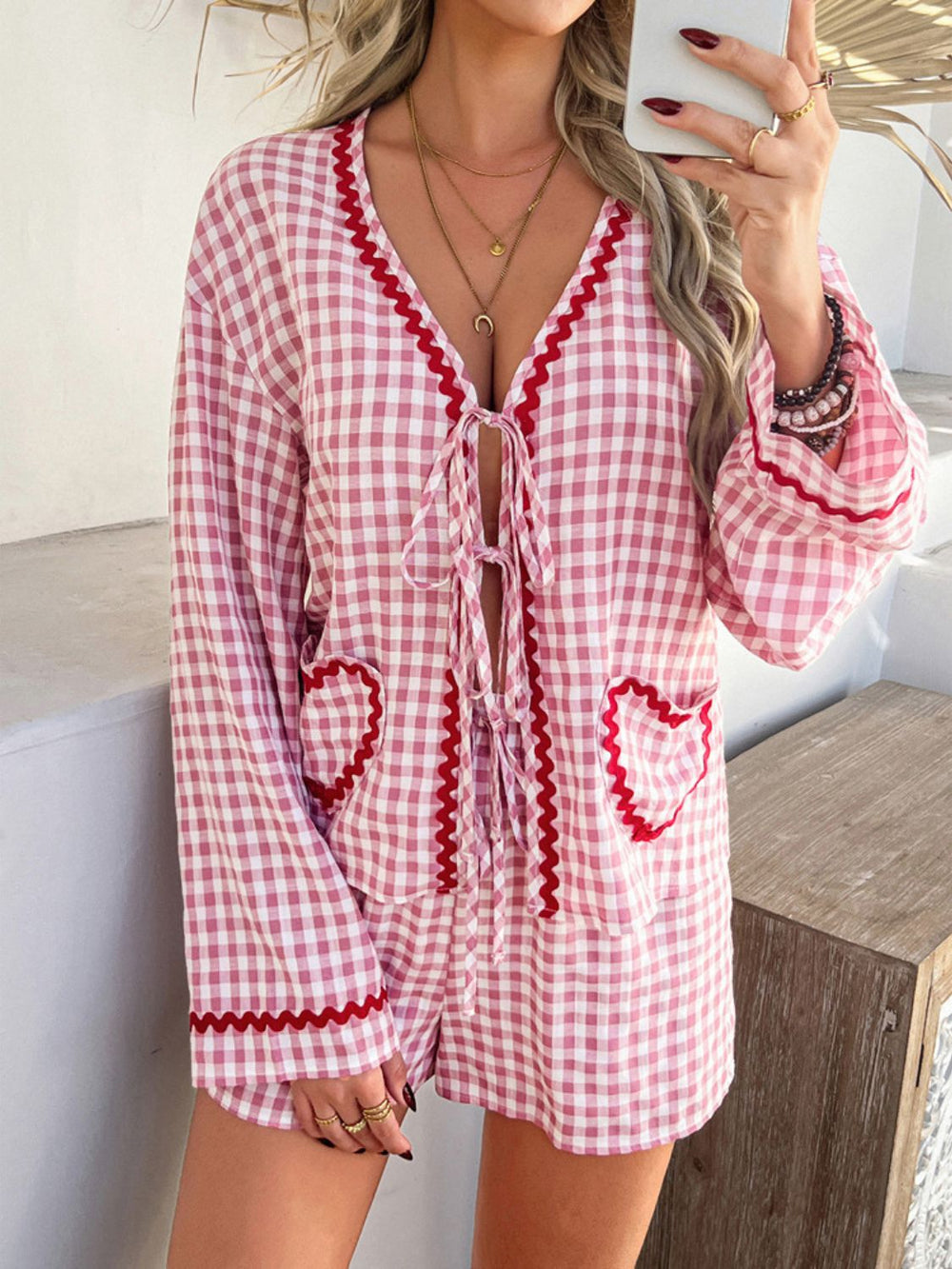 Devine Tie Front Contrast Plaid Shirt and Shorts Set