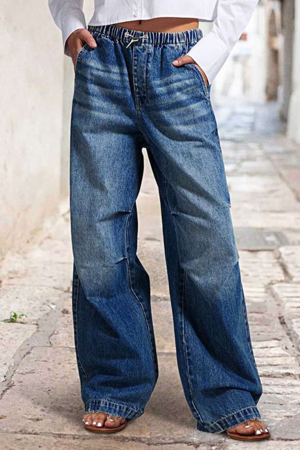 Drawstring Waist Wide Leg Shirred Jeans Hauptbild