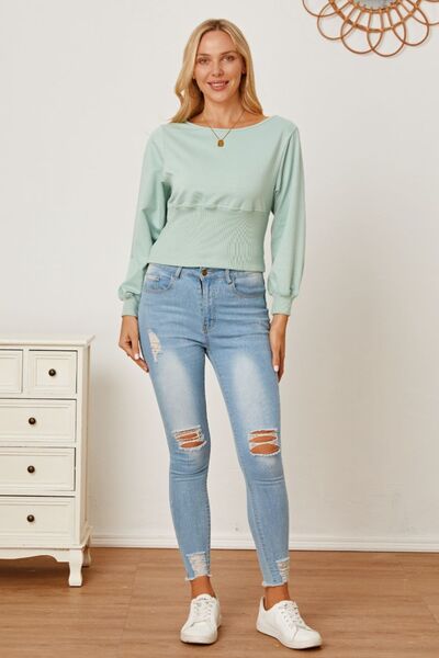 Boat Neck Lantern Sleeve Blouse - felvior