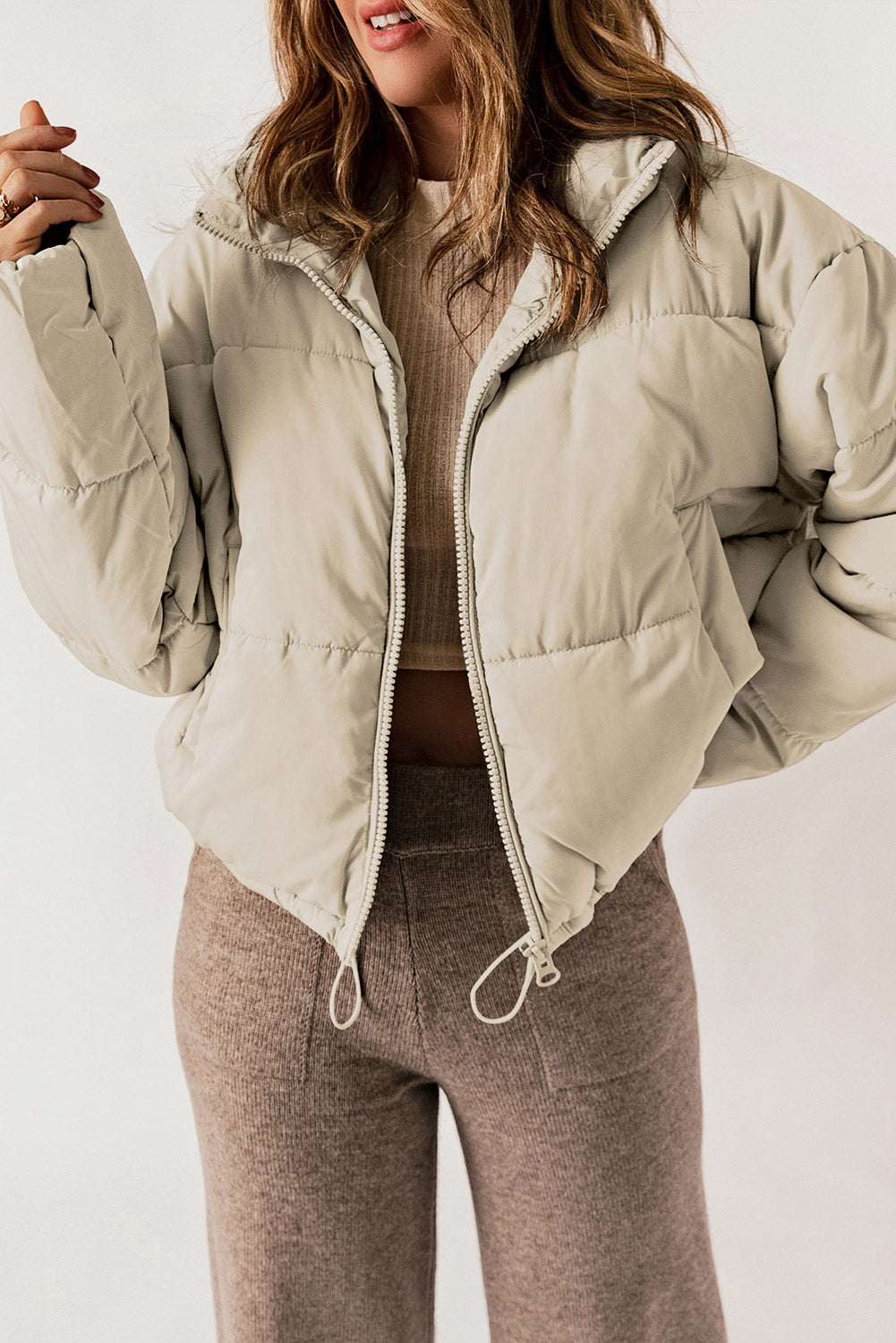 Zip Up Collared Neck Long Sleeve Winter Coat - felvior