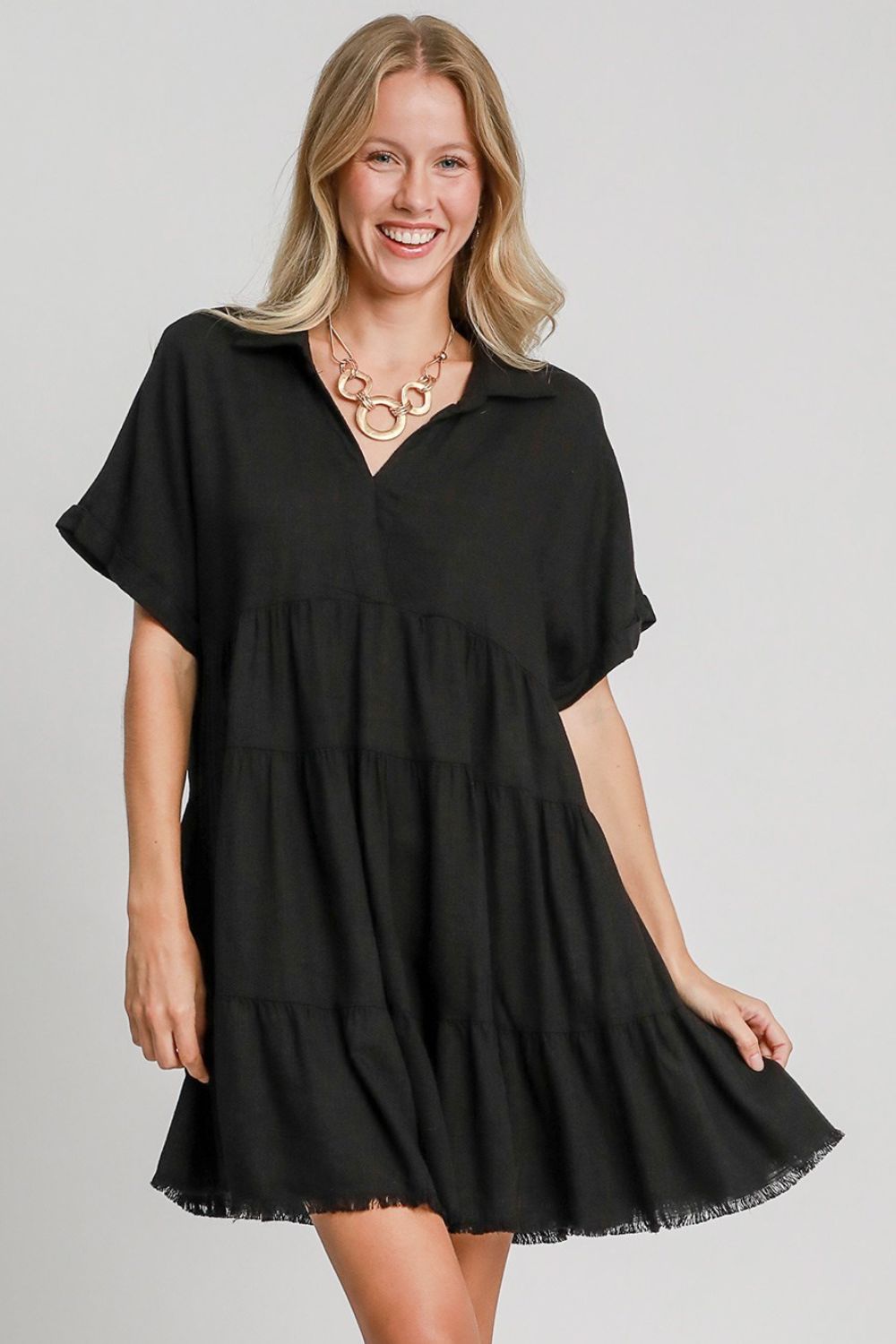 Umgee Full Size Raw Hem Folded Sleeve Tiered Dress Plus Size Image principale du produit