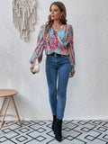 Printed Surplice Smocked Lantern Sleeve Blouse - felvior