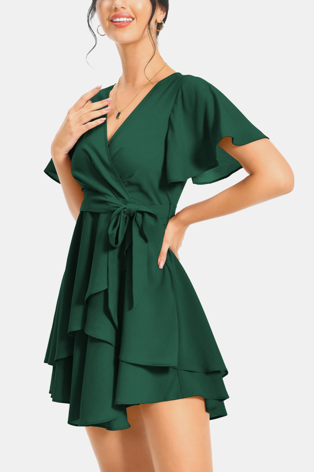Surplice Neck Flutter Sleeve Dress - felvior