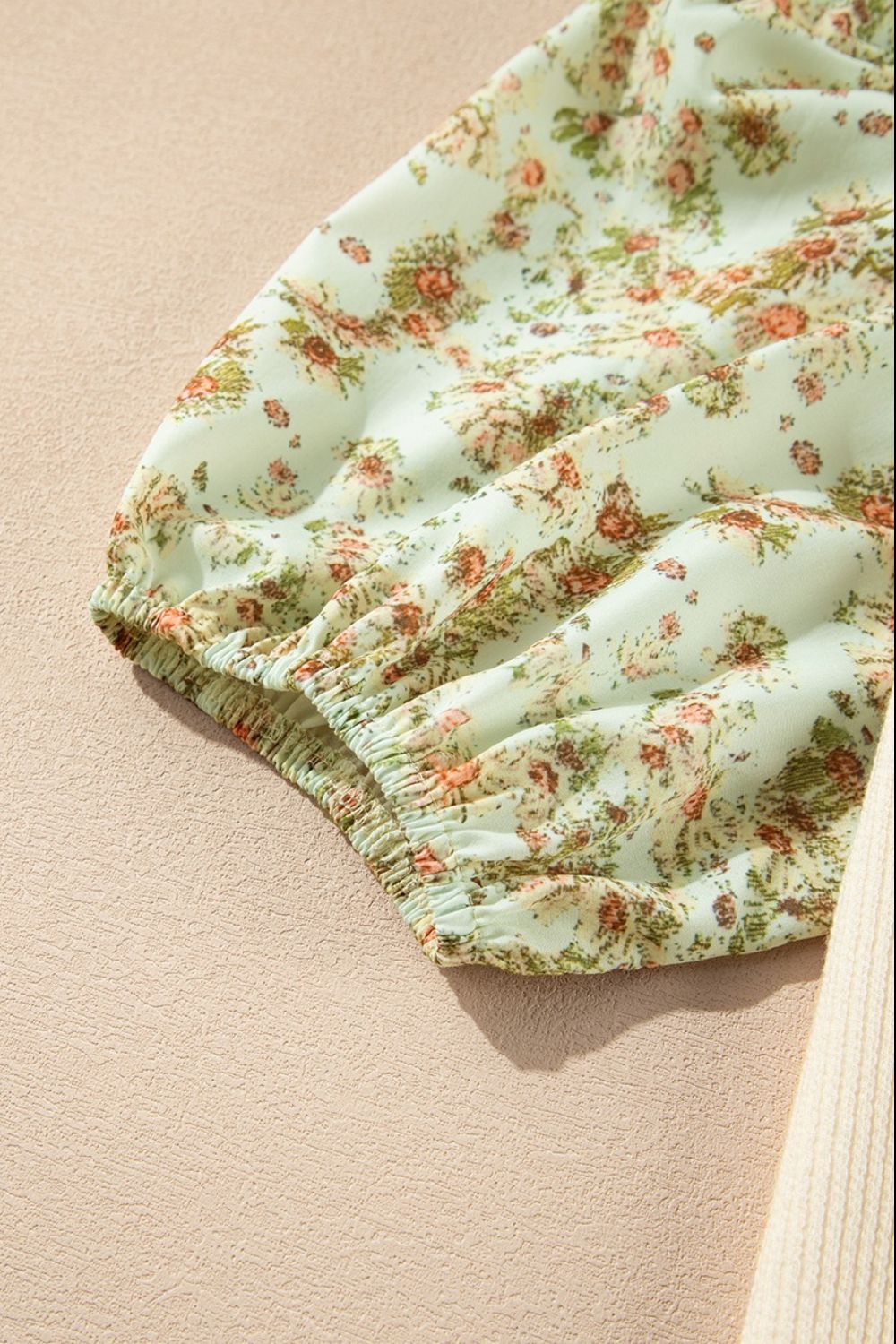 Floral Puff Sleeve Ribbed Blouse - felvior