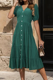 Perfee V-Neck Button Up Balloon Sleeve Midi Dress - felvior