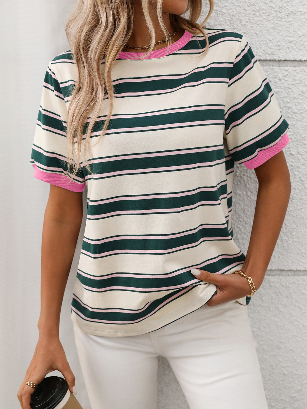 Contrast Striped Round Neck Short Sleeve T-Shirt