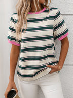 Contrast Striped Round Neck Short Sleeve T-Shirt