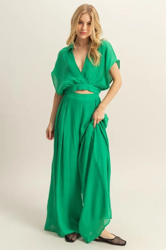 HYFVE Kimono Sleeve Crop Top and Wide Leg Pants Set - felvior