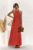 Halter Neck Tie Waist Tiered Maxi Dress - felvior