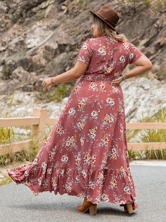 Plus Size Floral Slit Ruffle Hem Dress - felvior