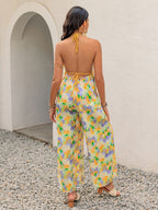 Openwork Halter Neck Floral Wide Leg Jumpsuit