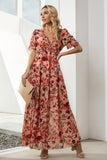 Floral V-Neck Short Flounce Sleeve Dress - felvior