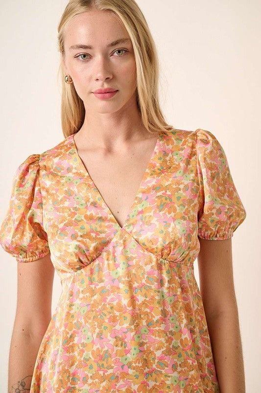 Mittoshop Printed V-Neck Puff Sleeve Mini Dress - felvior