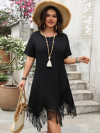 Plus Size Fringe Round Neck Short Sleeve Midi Tee Dress