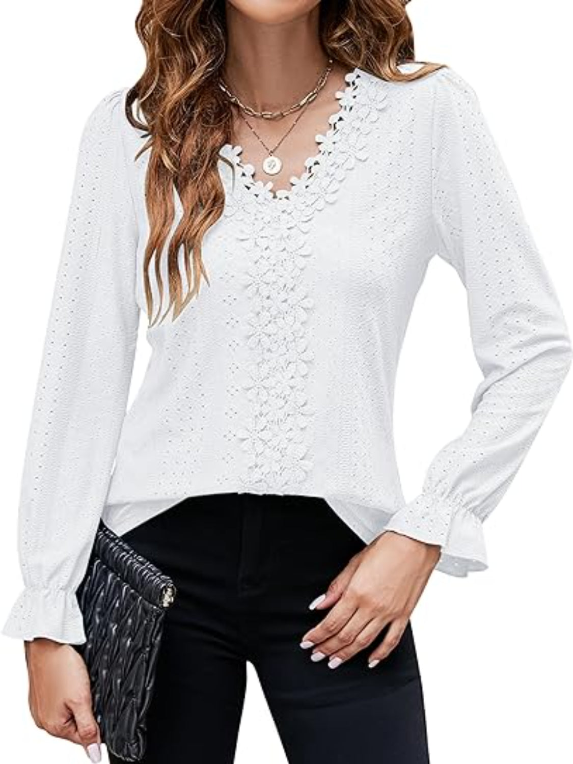 Lace Detail Eyelet V-Neck Flounce Sleeve Blouse - felvior