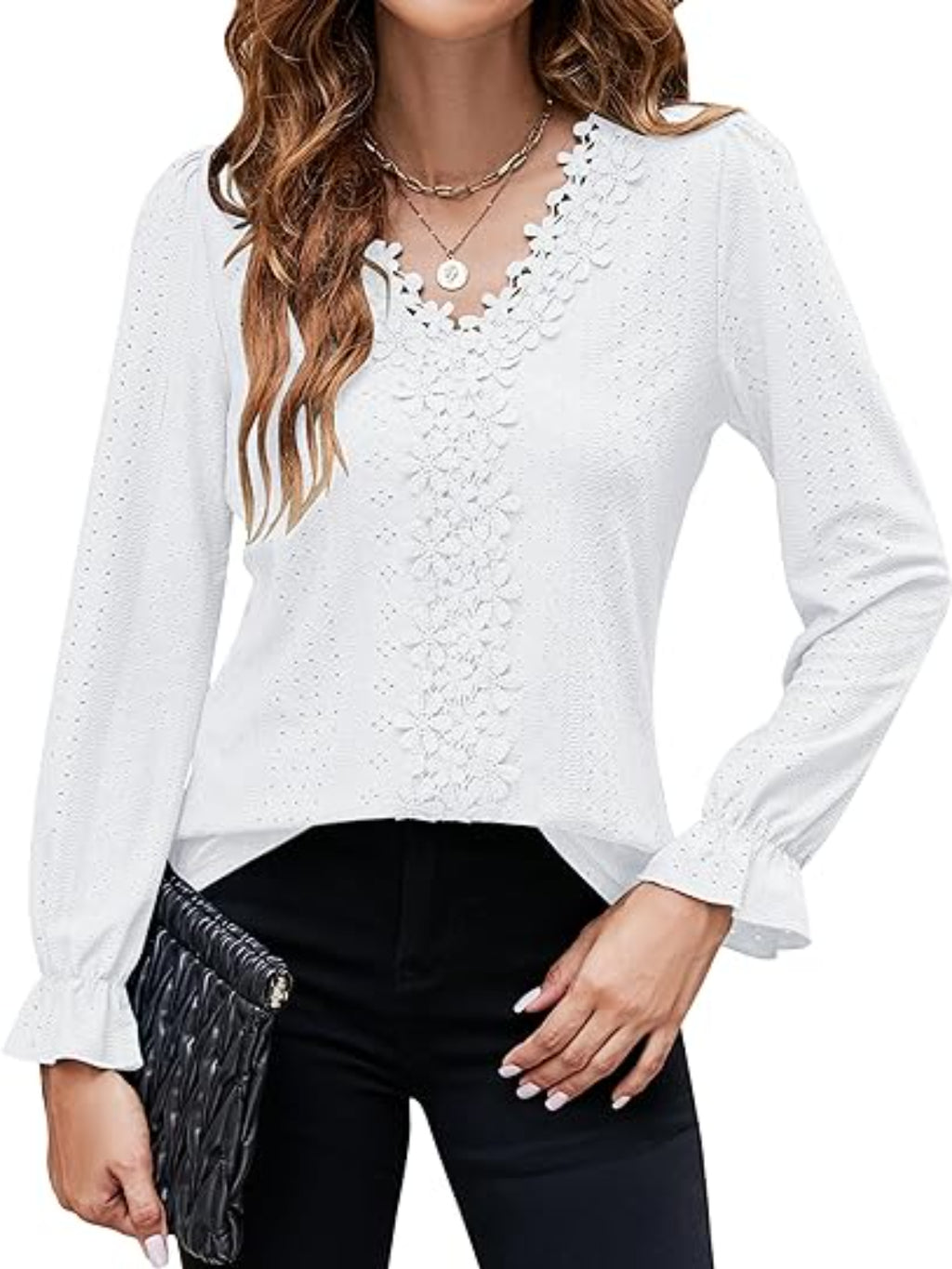 Lace Detail Eyelet V-Neck Flounce Sleeve Blouse