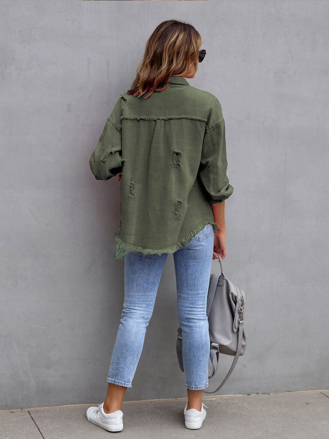Distressed Drop Shoulder Denim Jacket - felvior