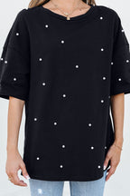 Pearl Beaded Round Neck Half Sleeve T Shirt