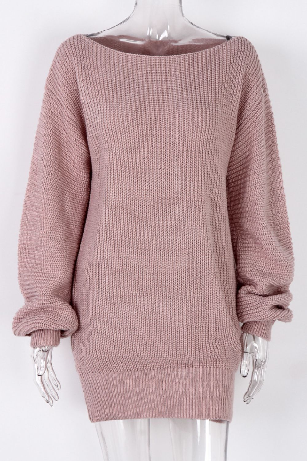 Boat Neck Long Sleeve Mini Sweater Dress - felvior