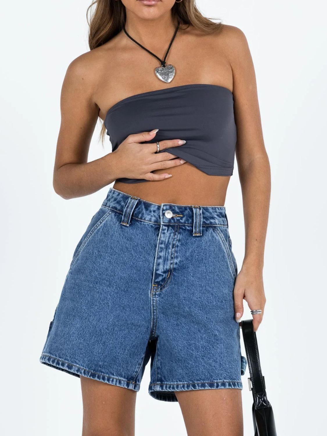 Washed High Rise Denim Shorts - felvior