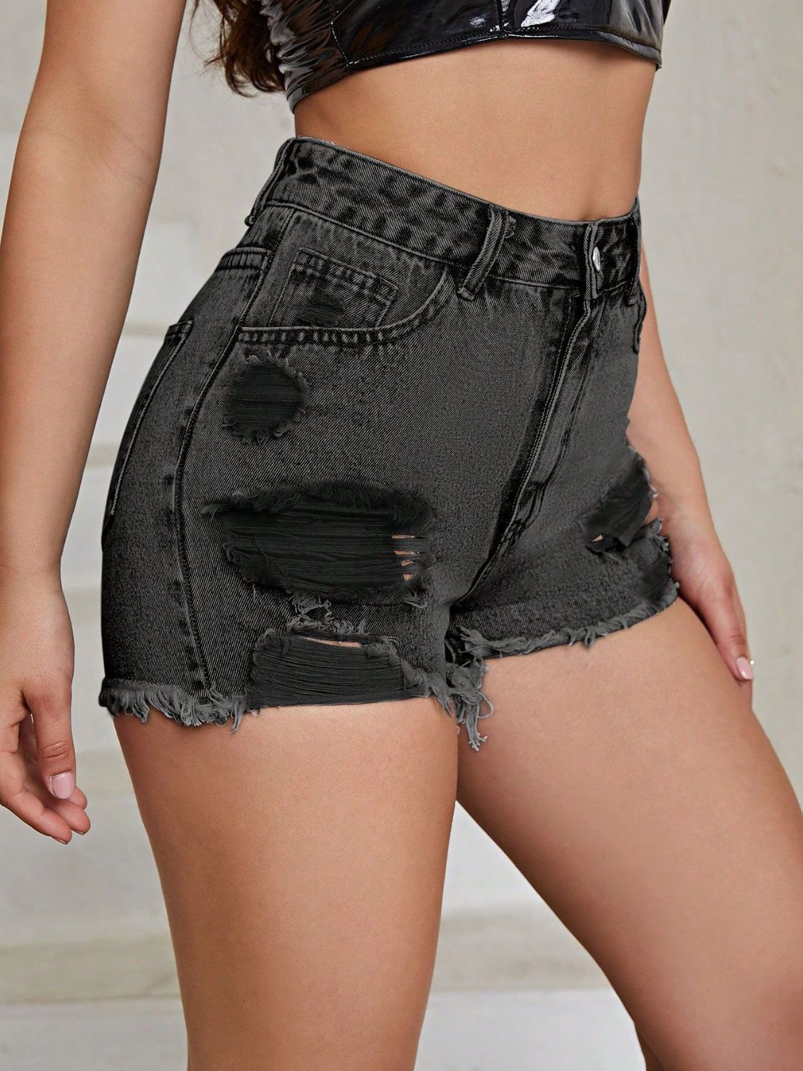 Distressed Raw Hem High Rise Denim Shorts - felvior
