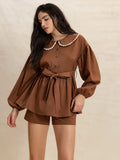 Peter Pan Collar Balloon Sleeve Top and Shorts Set - felvior