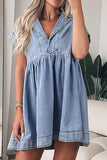 Lapel Neck Cap Sleeve Denim Babydoll Dress - felvior