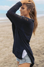 Openwork Side Slit Open Front Long Sleeve Cardigan