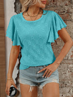 Eyelet Round Neck Flutter Sleeve Top