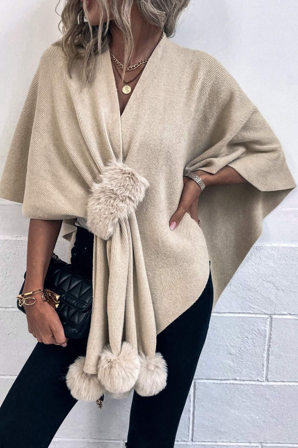 Surplice Neck Pom-Pom Trim Poncho - felvior
