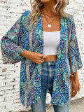 Printed Open Front Three-Quarter Sleeve Cover Up - felvior