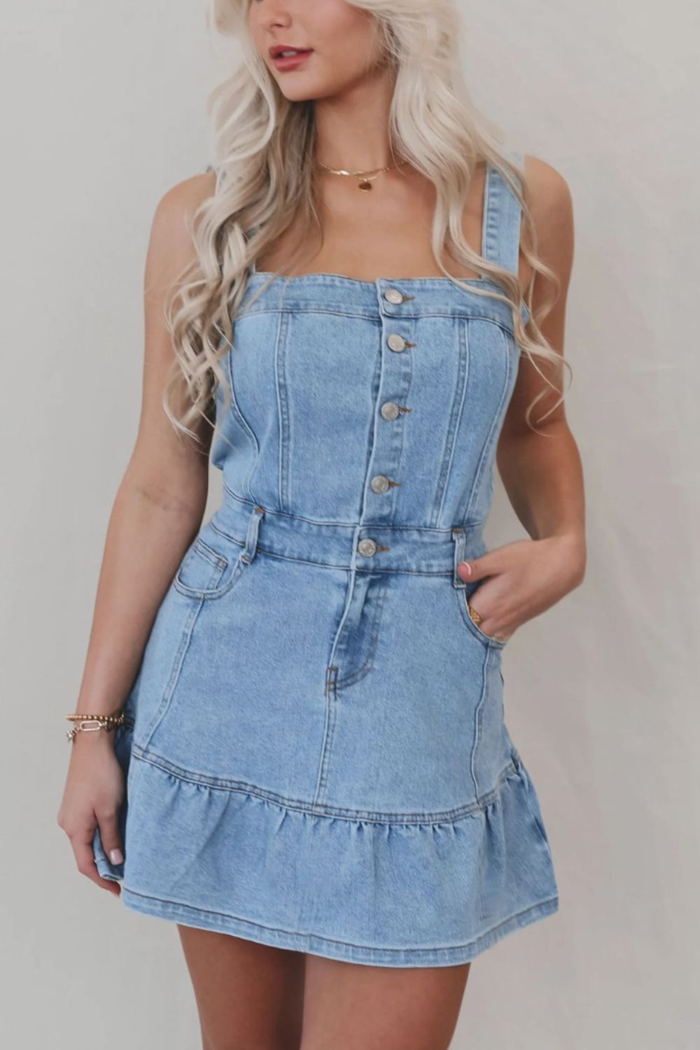 Ruffled Hem Button Front Square Neck Denim Dress - felvior