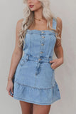Ruffled Hem Button Front Square Neck Denim Dress - felvior