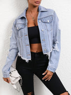 Distressed Raw Hem Button Up Denim Jacket