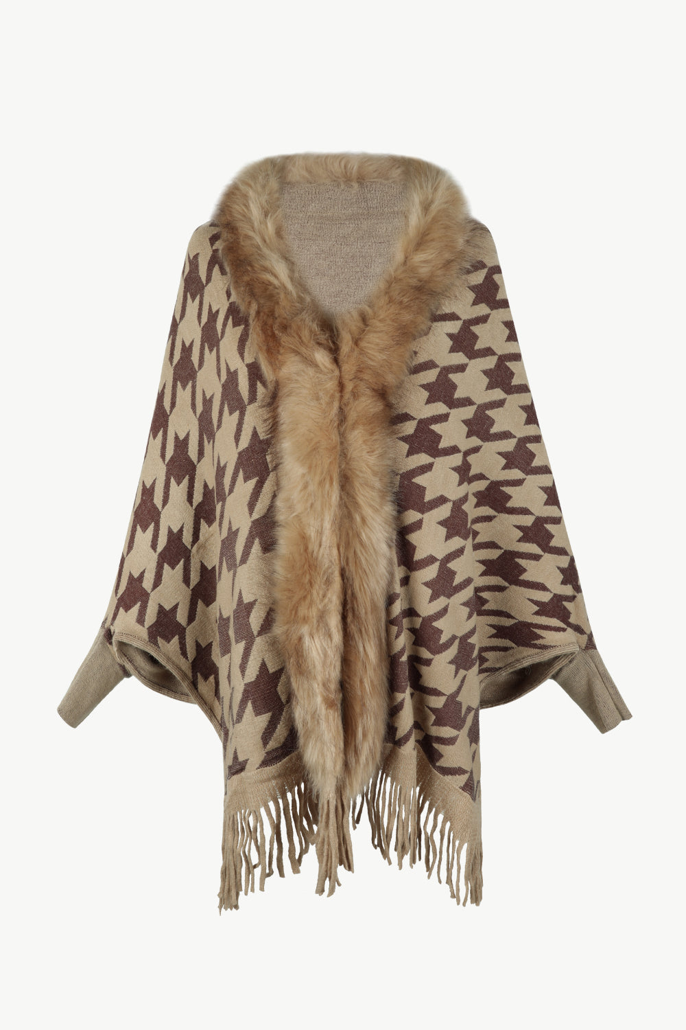 Houndstooth Fringe Hem Poncho - felvior