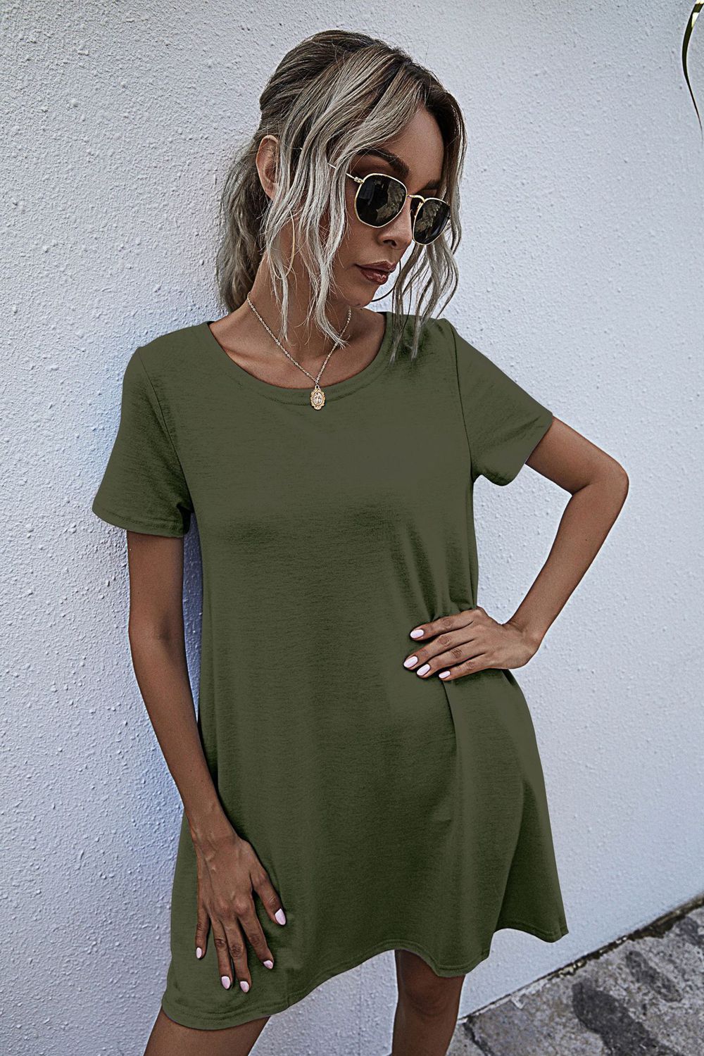 Round Neck Short Sleeve Mini Dress - felvior
