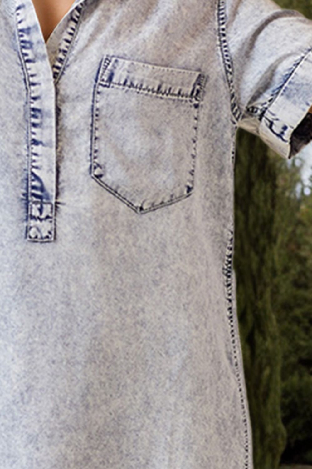 Pocketed Collared Neck Short Sleeve Denim Dress - felvior