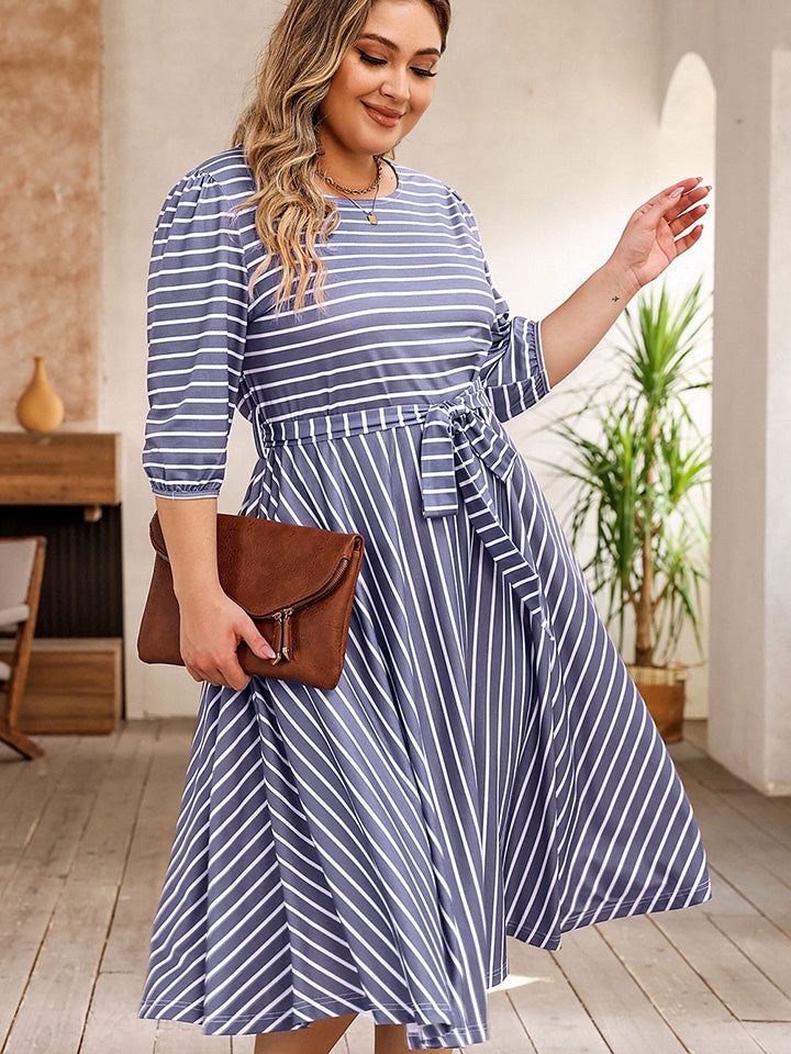 Plus Size Round Neck Striped Tie Waist Dress - felvior