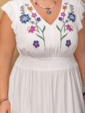 Plus Size Embroidered Floral V-Neck Cap Sleeve Maxi Dress - felvior