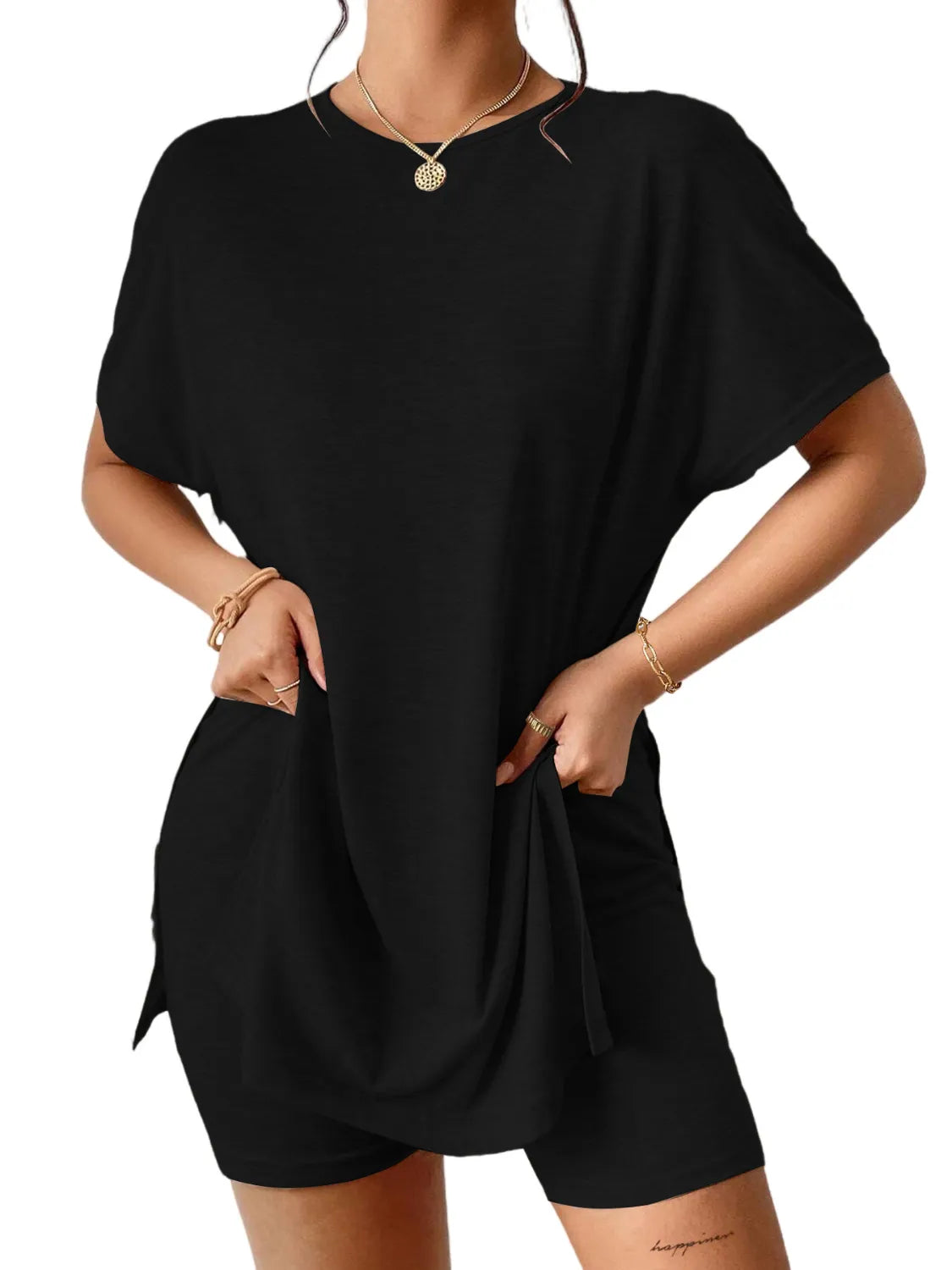 Slit Round Neck Short Sleeve Oversized Top and Shorts Set - felvior
