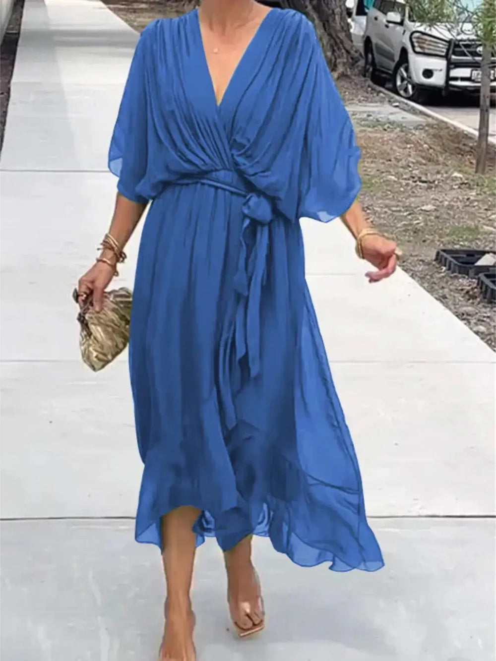 Full Size Flowy Tie Front Midi Dress with Flutter Sleeves Plus Size